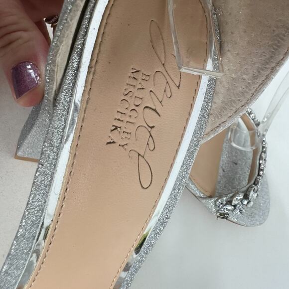 Jewel Badgley Mischka Mayra Heels Women\'s 8 Silver Zipper Ankle Strap Rhinestone